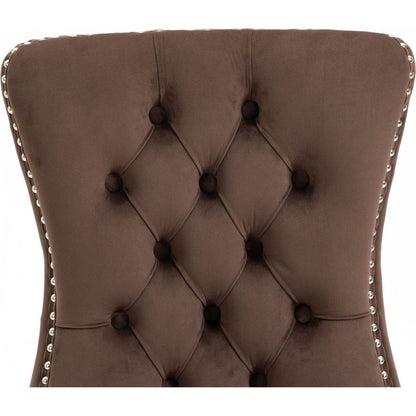 Upholstered Button Tufted Back Brown Velvet Dining Chair with Nailhead Trim and Brushed Solid Wood Legs 2 Sets