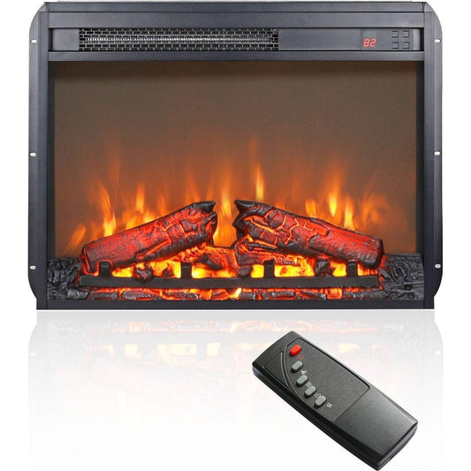23 inch electric fireplace insert, ultra thin heater with log set & realistic flame, remote control with timer, overheating protection - Streamdale Furniture