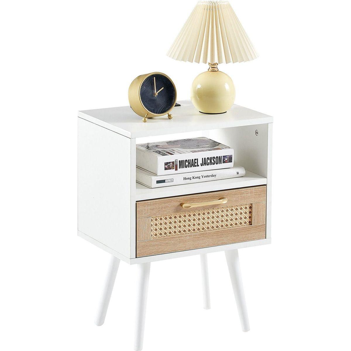 15.75" Rattan End table with Power Outlet & USB Ports, Modern nightstand with drawer and solid wood legs, side table for living roon, bedroom, white