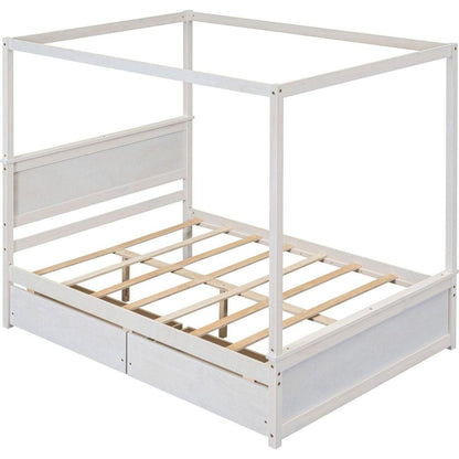 Wood Canopy Bed with two Drawers, Full Size Canopy Platform bed With Support Slats .No Box Spring Needed, Brushed White