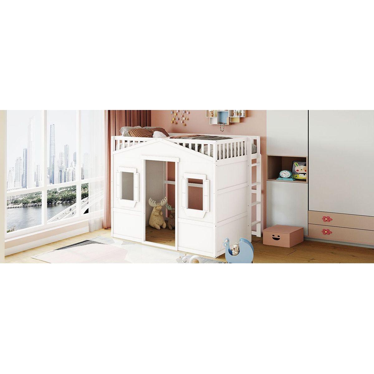Full Size House Loft Bed With Ladder-White