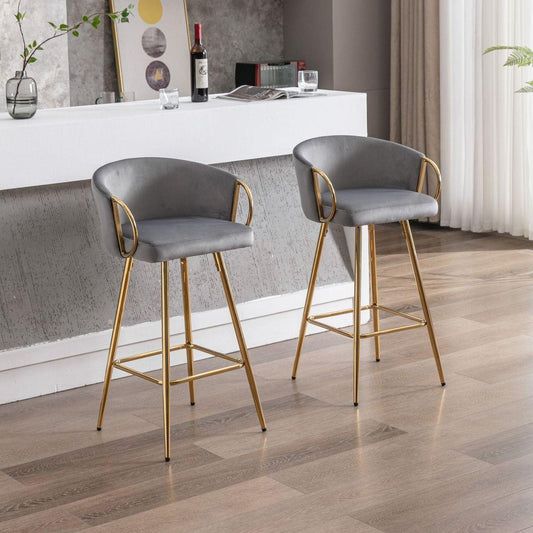 26 Inch Set of 2 Bar Stools, with Chrome Footrest and Base Velvet + Golden Leg Simple Bar Stool, GRAY