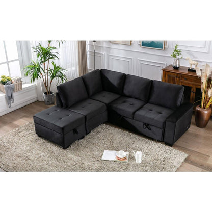 Sleeper Sectional Sofa, L-Shape Corner Couch Sofa-Bed with Storage Ottoman & Hidden Arm Storage & USB Charge for Living Room Apartment, Black