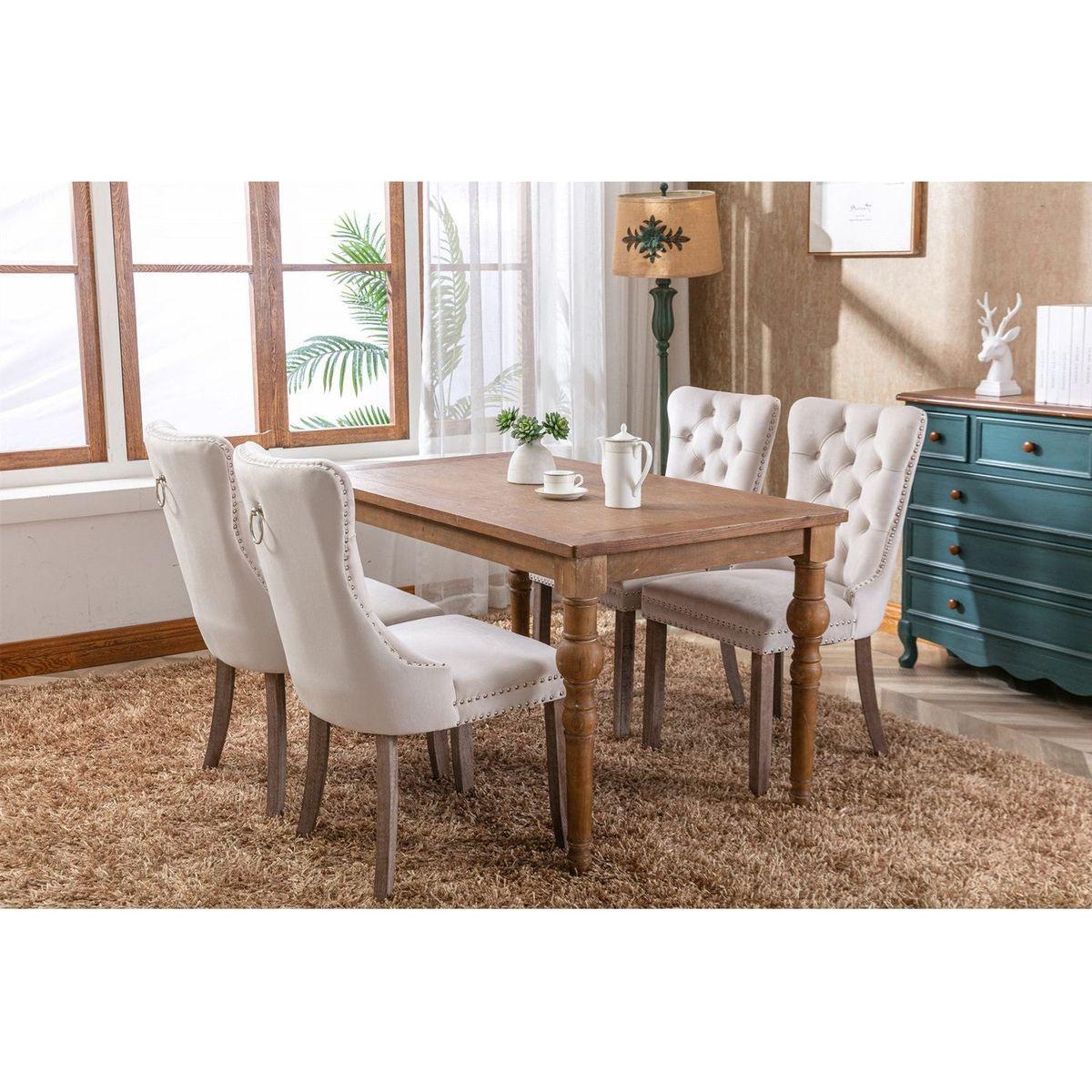 Nikki Collection Modern, High-end Tufted Solid Wood Contemporary Velvet Upholstered Dining Chair with Wood Legs Nailhead Trim 2-Pcs Set, Beige