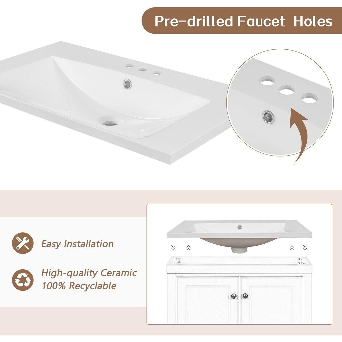 30" Bathroom Vanity with Sink, Combo, Cabinet with Doors and Drawer, Solid Frame and MDF Board, White