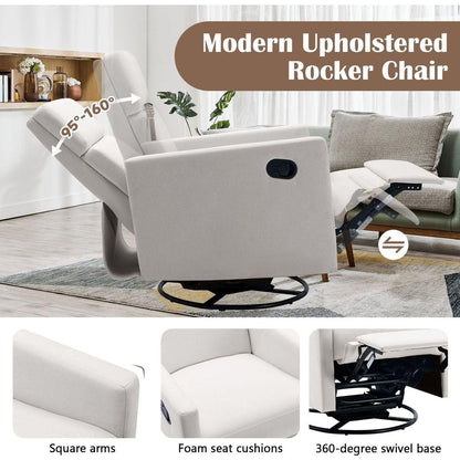 Modern Upholstered Rocker Nursery Chair Plush Seating Glider Swivel Recliner Chair, Beige