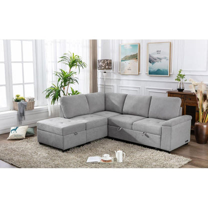 Sleeper Sectional Sofa, L-Shape Corner Couch Sofa-Bed with Storage Ottoman & Hidden Arm Storage & USB Charge for Living Room Apartment, Gray