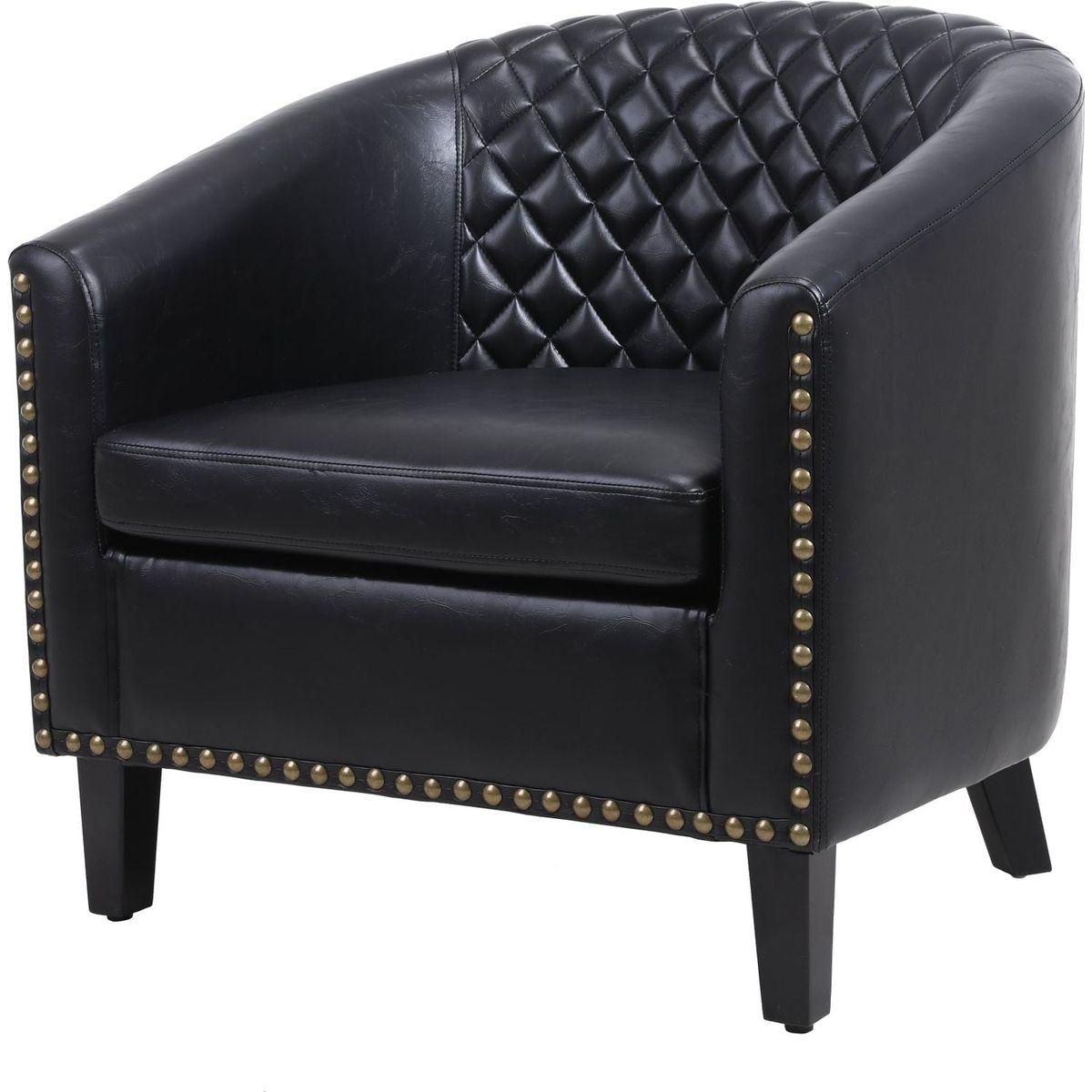 accent Barrel chair living room chair with nailheads and solid wood legs Black pu leather