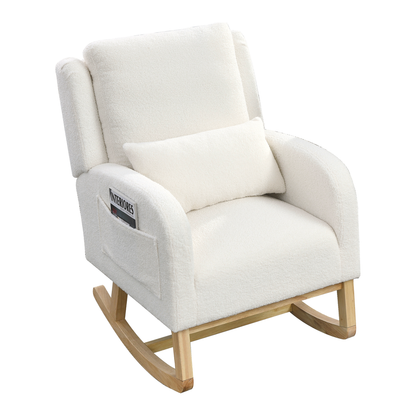 27.5" W Modern Accent High Back Living Room Casual Armchair Rocker with One Lumbar Pillow, Two Side Pockets, Teddy.