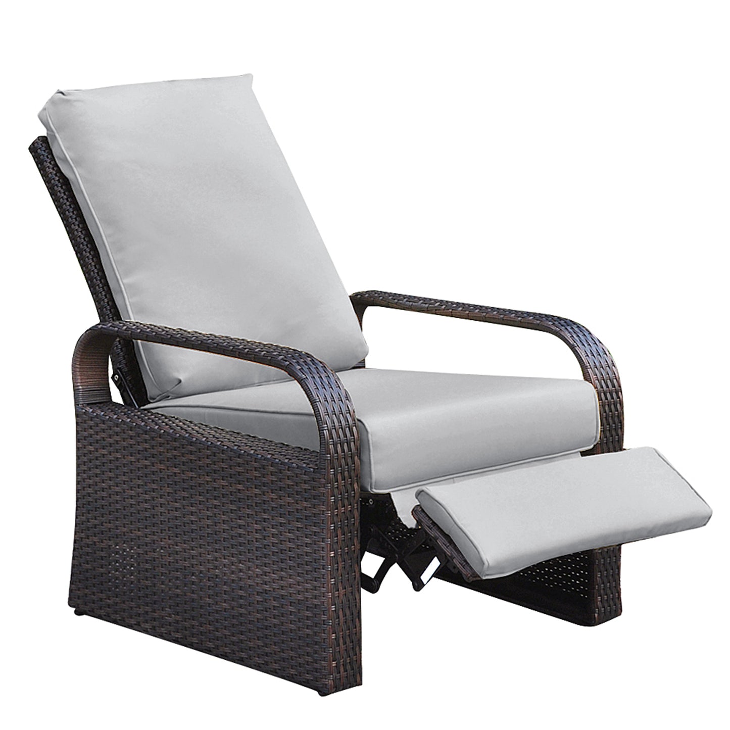 Outdoor Recliner, Automatic Adjustable Wicker Lounge Recliner Chair with Comfy Thicken Cushion, All Weather Aluminum Frame, Brown Wicker + Grey Cushion