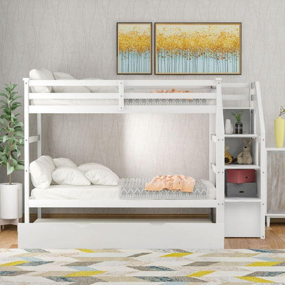 Twin-Over-Twin Bunk Bed with Twin Size Trundle and 3 Storage Stairs, White - Streamdale Furniture