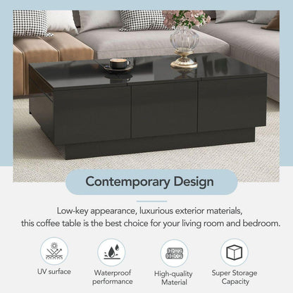 Multifunctional Coffee Table with 2 large Hidden Storage Compartment, Extendable Cocktail Table with 2 Drawers, High-gloss Center Table with Sliding Top for Living Room, 39.3"x21.6", Black