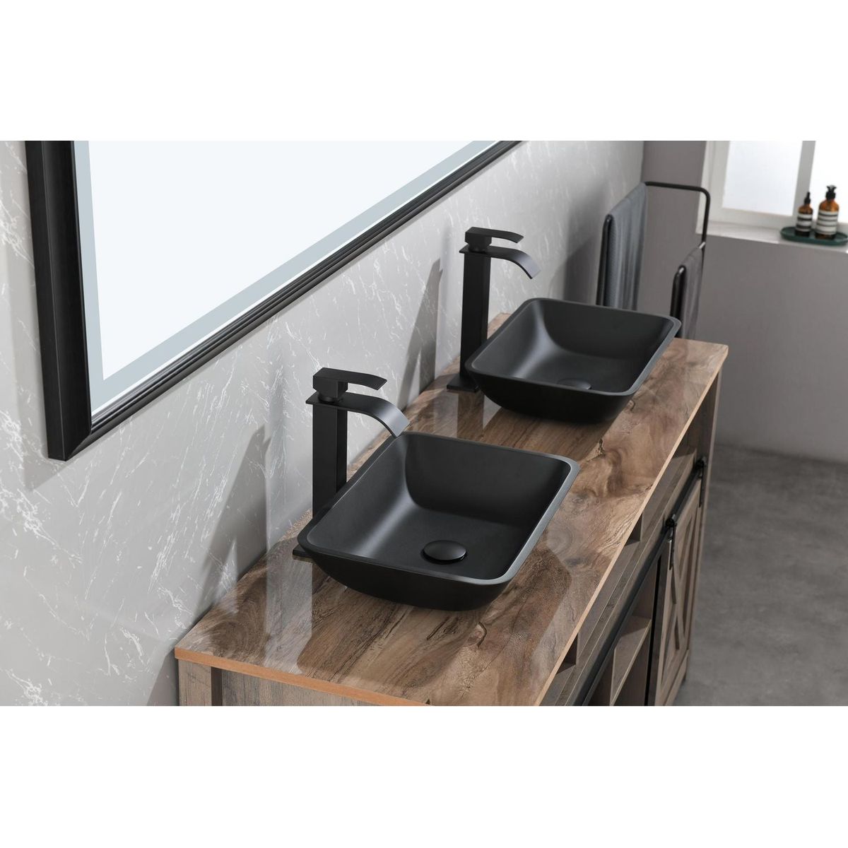 13.0" L -18.13" W -4" H Matte Shell Glass Rectangular Vessel Bathroom Sink in Black with Matte Black Faucet and Pop-Up Drain in Matte Black