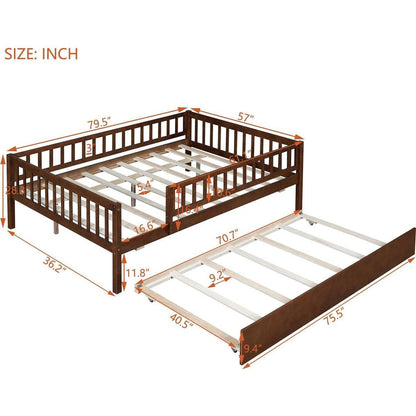 Full Size Wood Daybed with Trundle and Fence Guardrails, Walnut