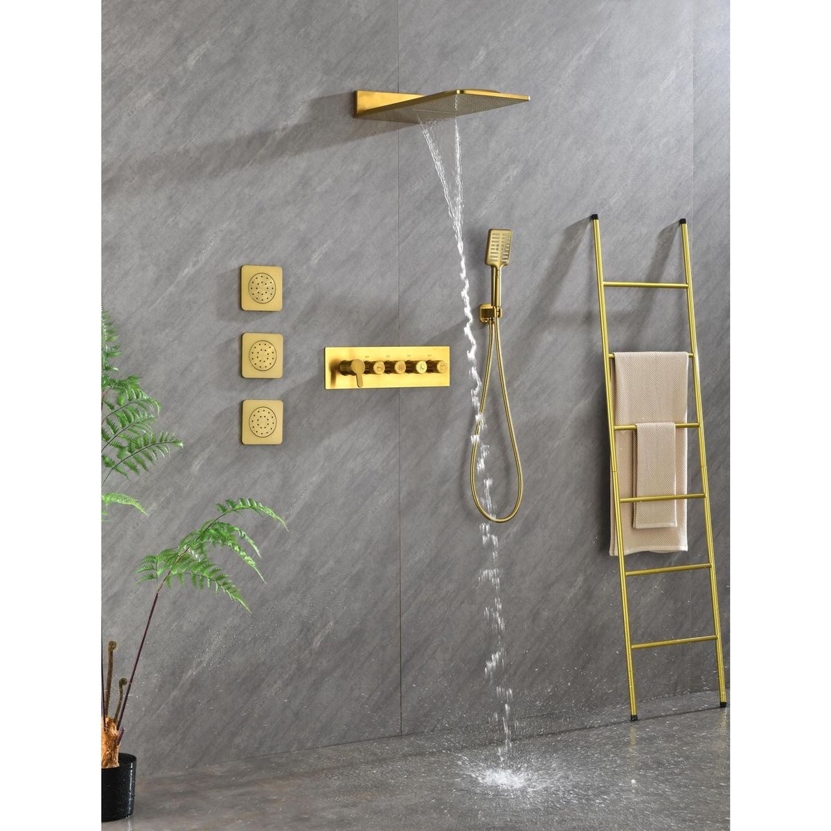 Wall Mounted Waterfall Rain Shower System With 3 Body Sprays & Handheld Shower