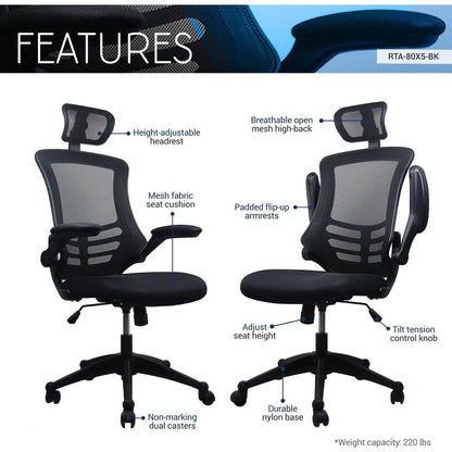 Modern High-Back Mesh Executive Office Chair with Headrest and Flip-Up Arms, Black