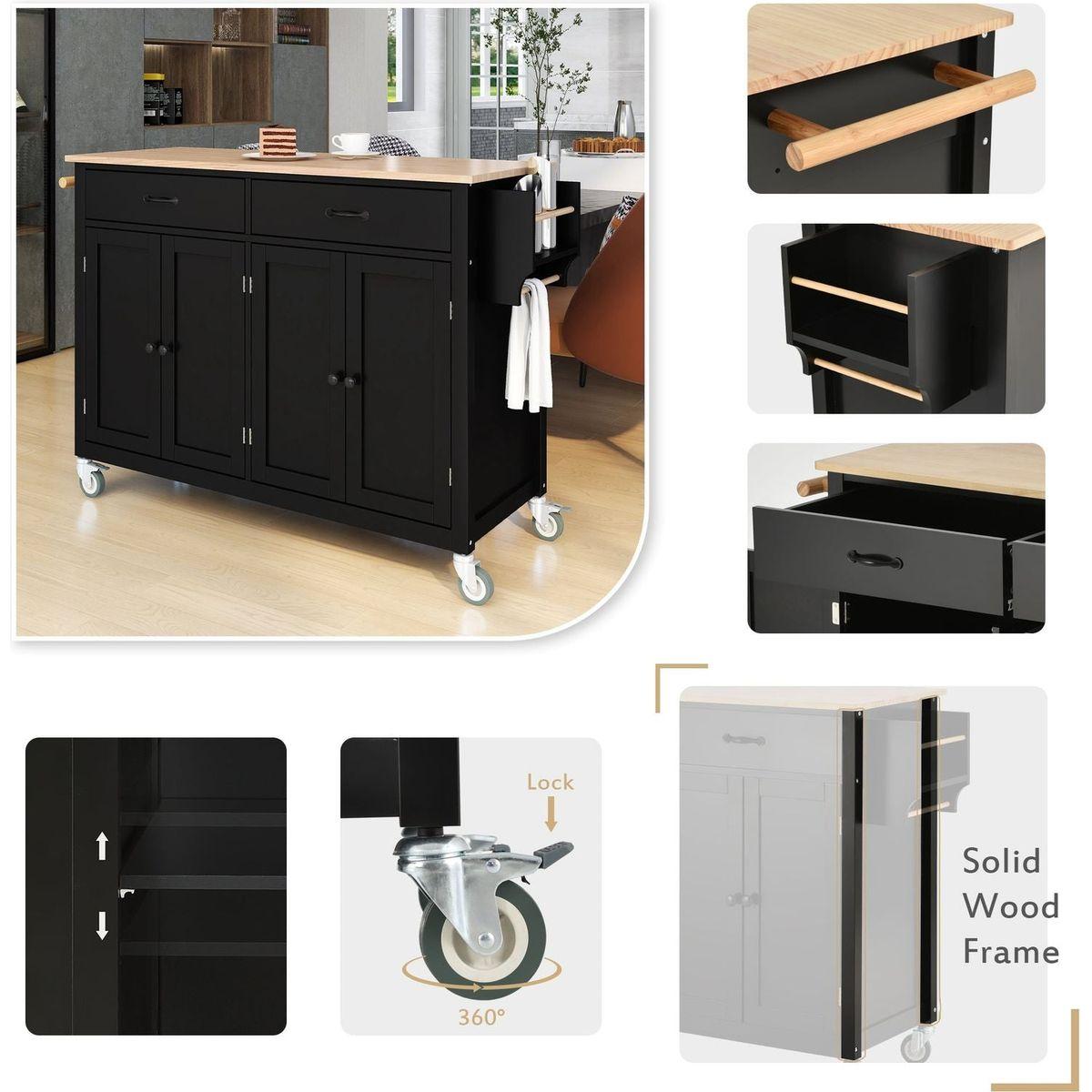 Kitchen Island Cart with Solid Wood Top and Locking Wheels4.3 Inch Width Door Cabinet and Two Drawerspice Rack, Towel Rack black) - Streamdale Furniture