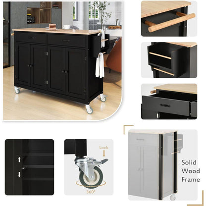Kitchen Island Cart with Solid Wood Top and Locking Wheels4.3 Inch Width Door Cabinet and Two Drawerspice Rack, Towel Rack black) - Streamdale Furniture