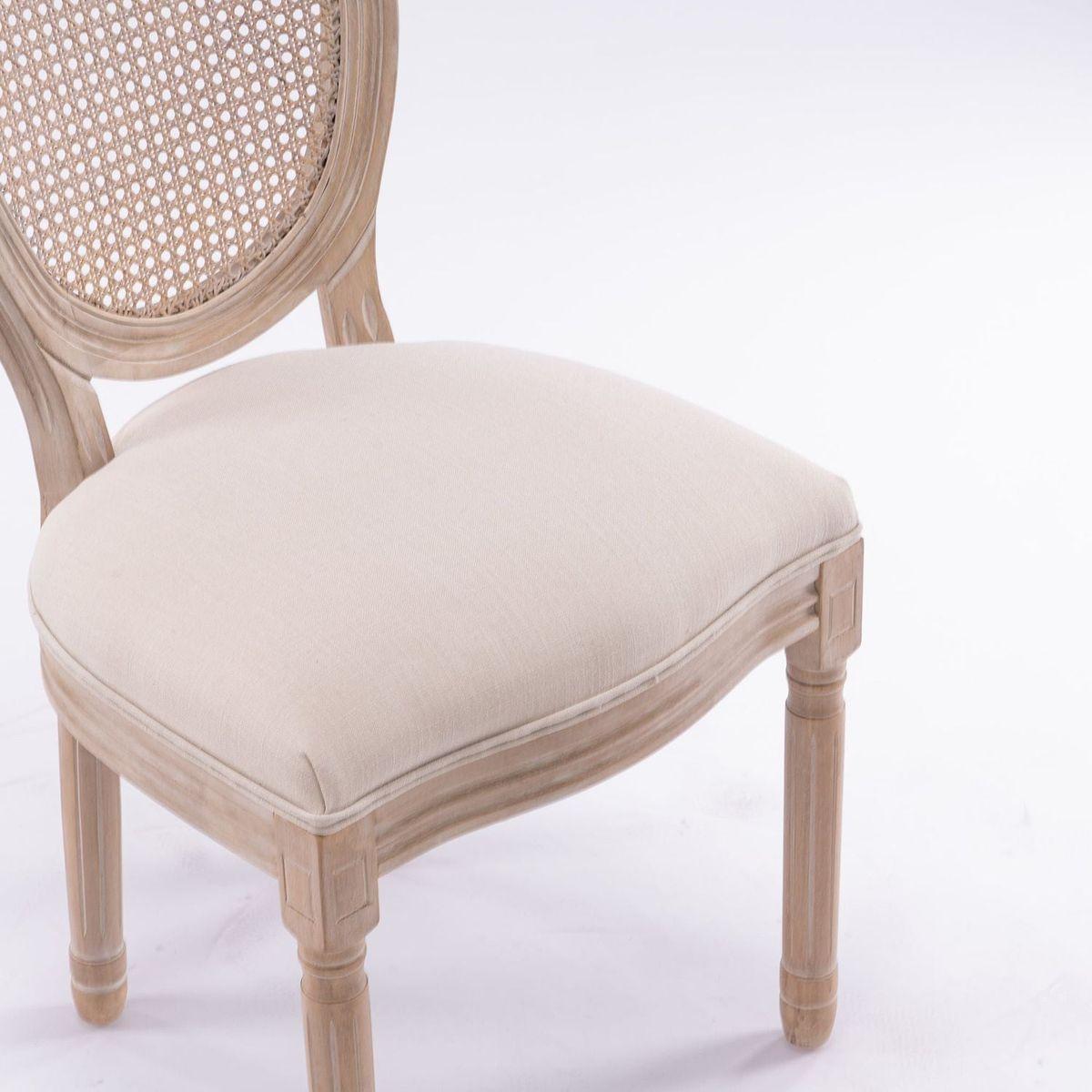 French Style Solid Wood Frame Antique Painting Linen Fabric Rattan Back Dining Chair, Set of 2, Cream