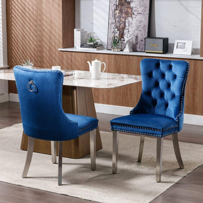 Nikki Collection Modern, High-end Tufted Solid Wood Contemporary Velvet Upholstered Dining Chair with Chrome Stainless Steel Plating Legs, Nailhead Trim, Set of 2, Blue and Chrome