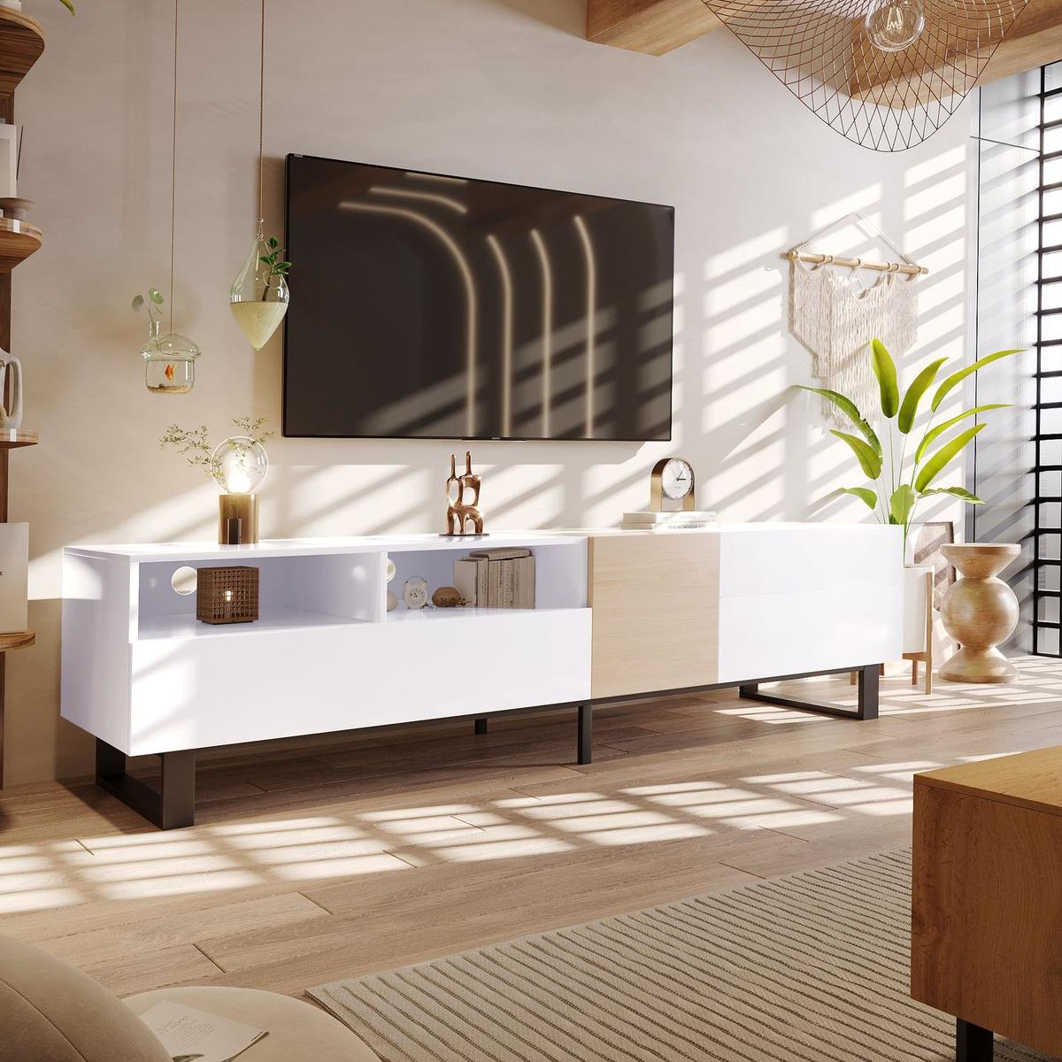 Modern TV Stand for 80" TV with Double Storage Space, Media Console Table, Entertainment Center with Drop Down Door for Living Room, Bedroom, Home Theatre - Streamdale Furniture