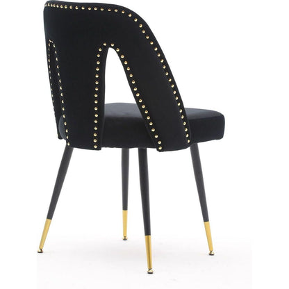 Akoya Collection Modern Contemporary Velvet Upholstered Dining Chair with Nailheads and Gold Tipped Black Metal Legs, Black, Set of 2