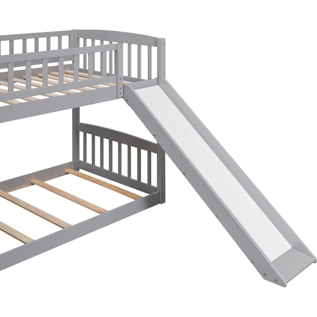 Stairway Twin over Twin Bunk Bed with Two Drawers and Slide, Gray