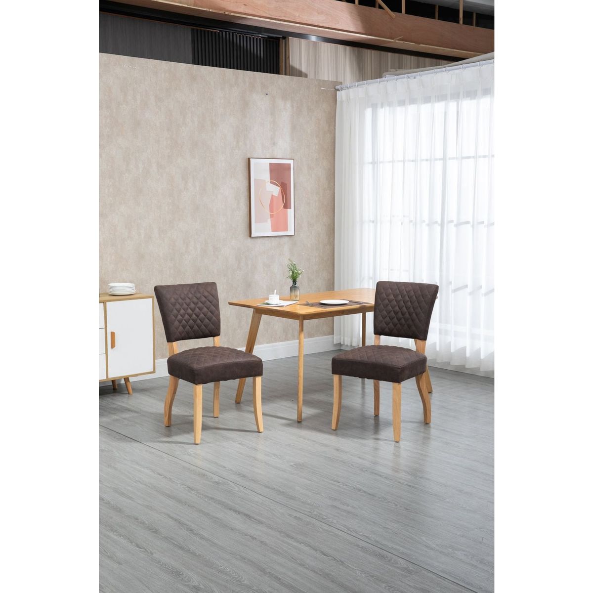 Upholstered Diamond Stitching Leathaire Dining Chair with Solid Wood Legs BROWN