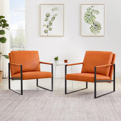 Lounge, living room, office or the reception area PU leather accent arm chair with Extra thick padded backrest and seat cushion sofa chairs, Non-slip adsorption feet, sturdy metal frame, Orange