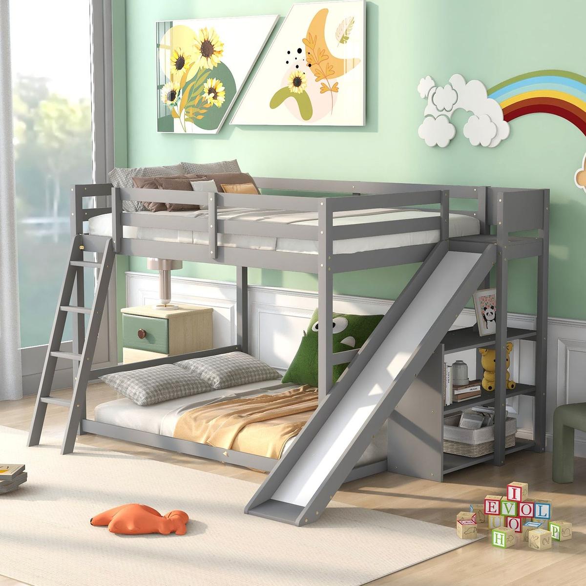 Full over Full Bunk Bed with Ladder, Slide and Shelves, Gray