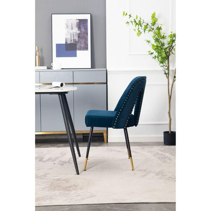 Akoya Collection Modern Contemporary Velvet Upholstered Dining Chair with Nailheads and Gold Tipped Black Metal Legs, Blue, Set of 2