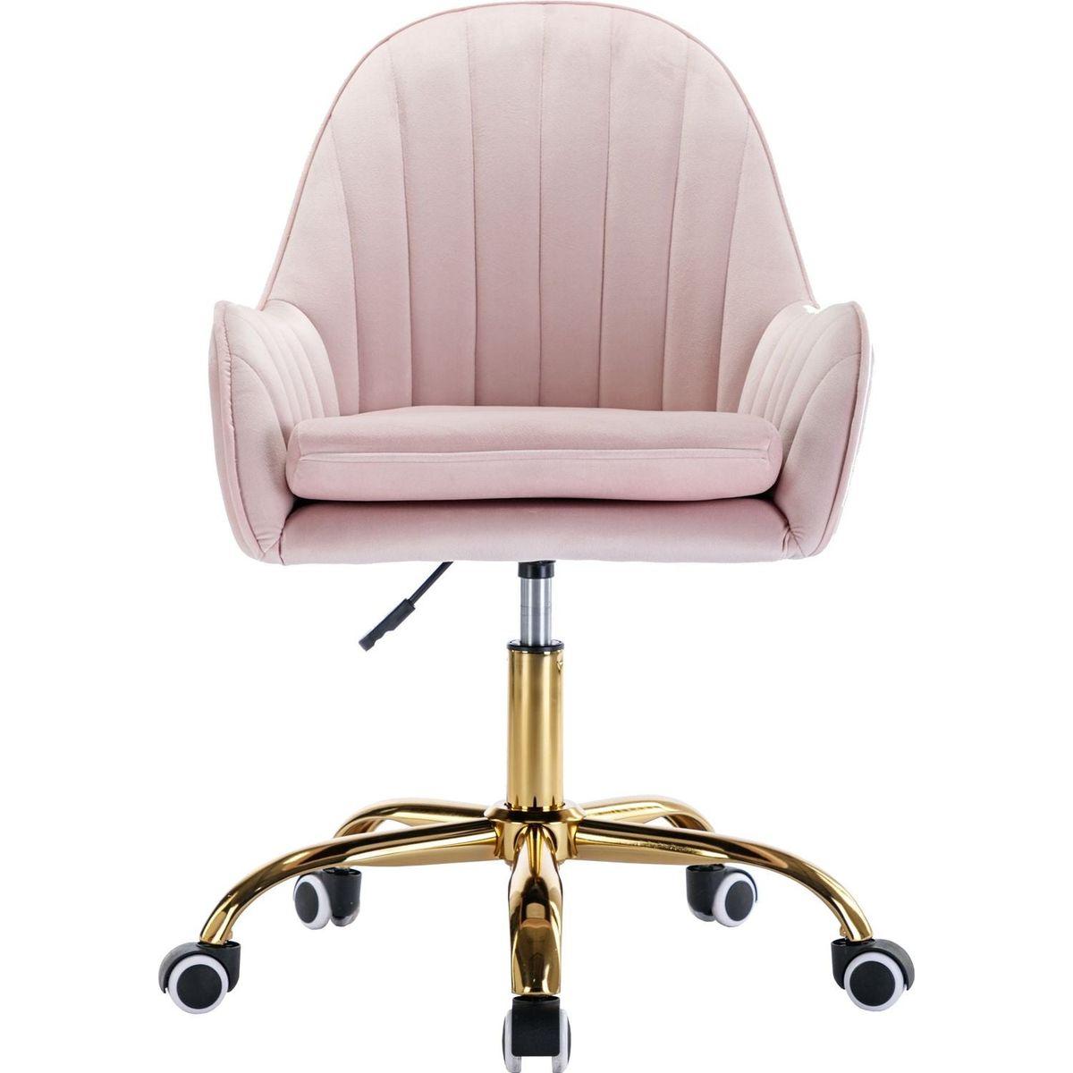 Velvet Home Office Chair with Wheels, Cute Chair with Side Arms and Gold Metal Base for Living Room, Bedroom,and Vanity Room,Bling Desk Nail Desk for Women,Adjustable Height,Pink