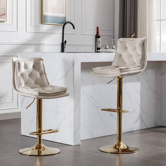 Set of 2 Bar Stools, with Chrome Footrest and Base Swivel Height Adjustable Mechanical Lifting Velvet + Golden Leg Simple Bar Stoo, cream