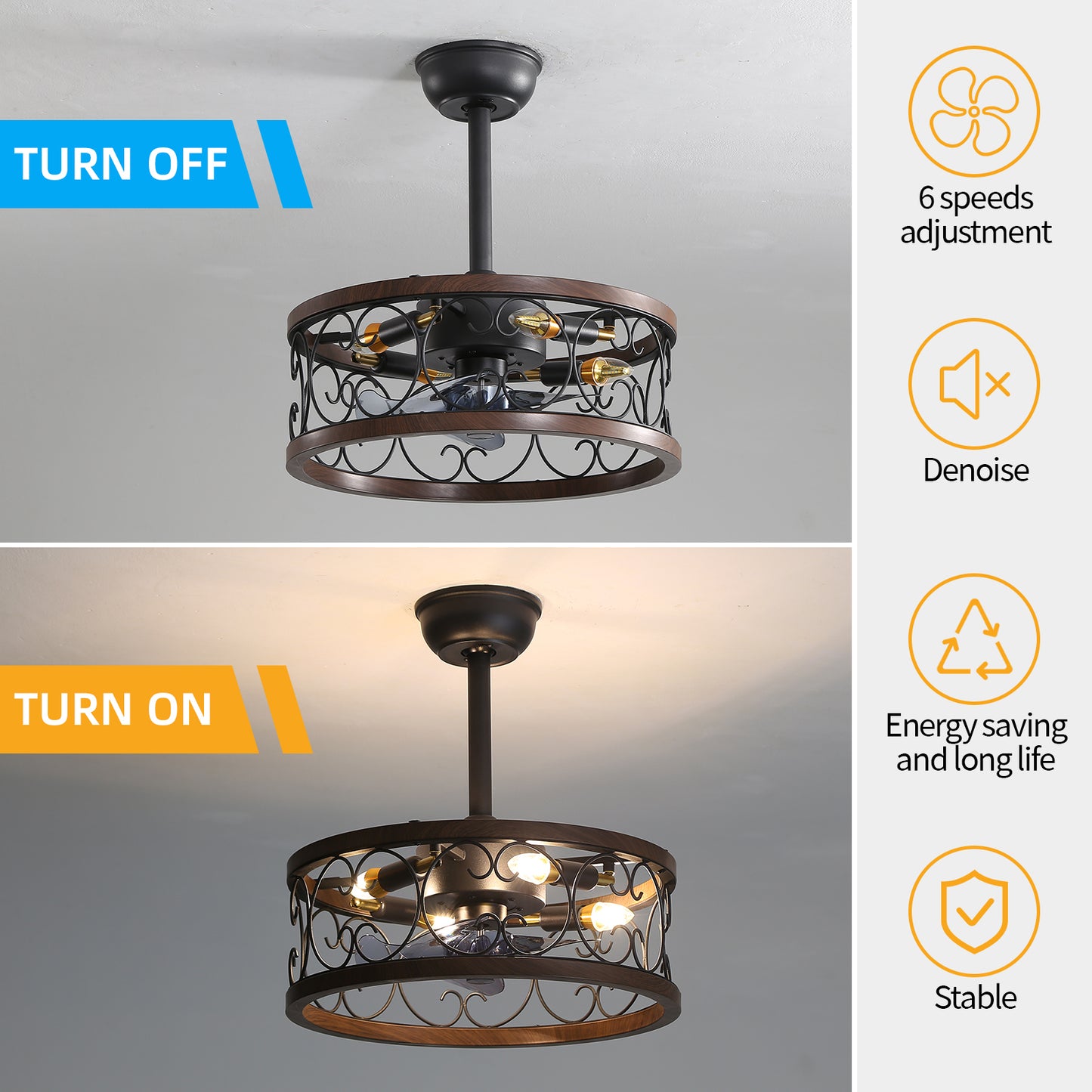 18inch Caged Ceiling Fan with Lights Remote Control for APP