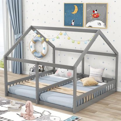 Twin Size House Platform Beds, Two Shared Beds, Gray - Streamdale Furniture