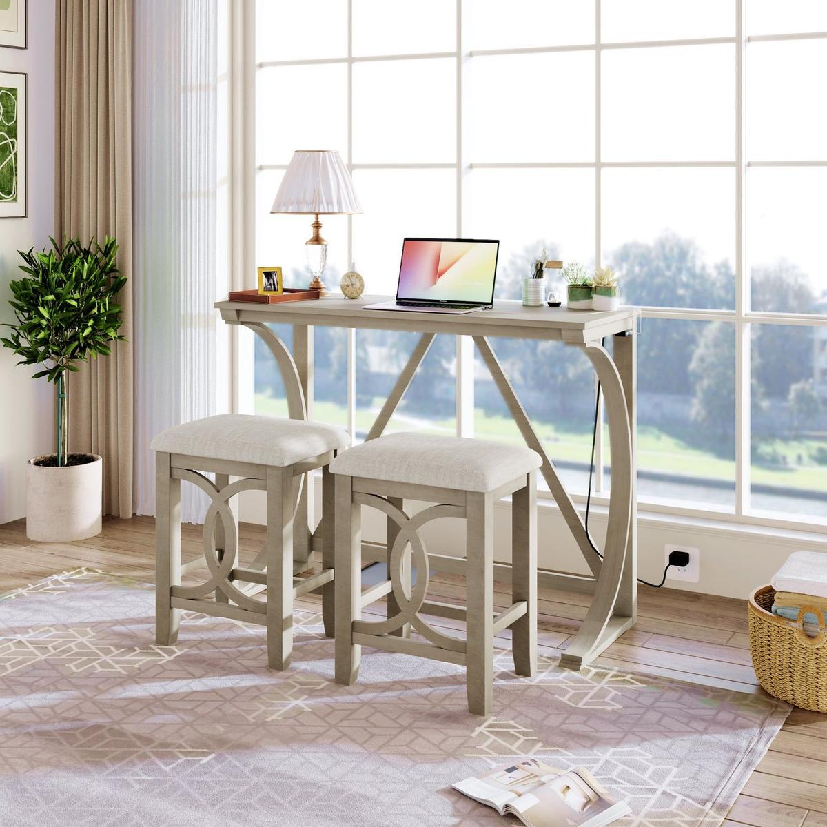 Farmhouse 3-Piece Counter Height Dining Table Set with USB Port and Upholstered Stools, Cream