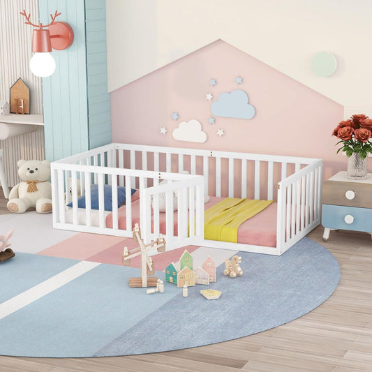 Twin Size Wood Floor Bed Frame with Fence and Door, White - Streamdale Furniture