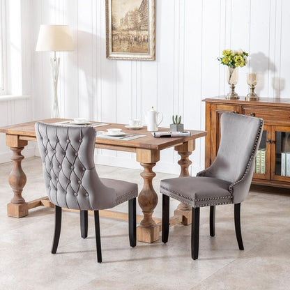 Upholstered Wing-Back Dining Chair with Backstitching Nailhead Trim and Solid Wood Legs, Set of 2, Gray, 8809GY, KD