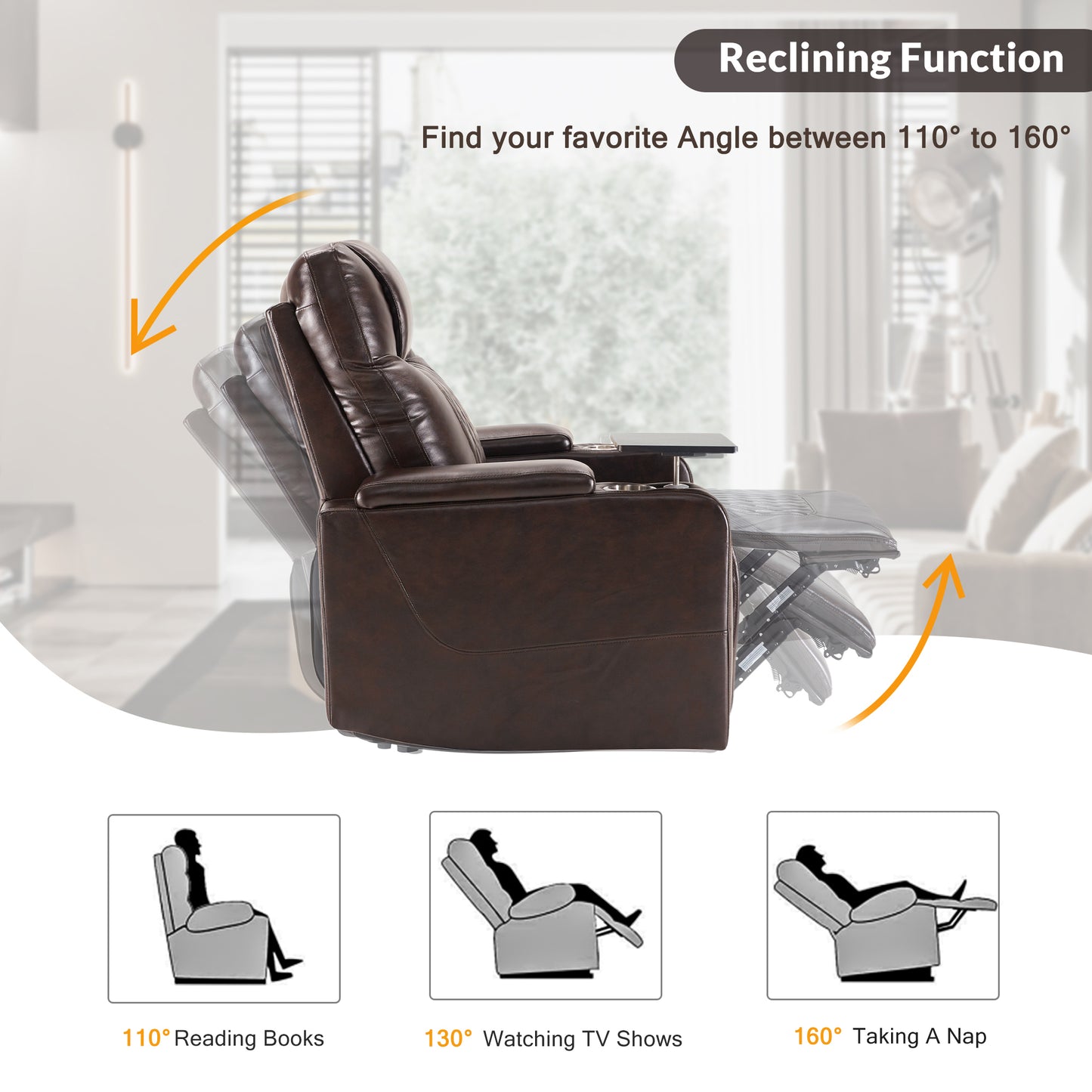 Power Motion Recliner with USB Charging Port and Hidden Arm Storage 2 Convenient Cup Holders Design and 360 degree Swivel Tray Table, Brown