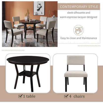 5-Piece Kitchen Dining Table Set Round Table with Bottom Shelf, 4 Upholstered Chairs for Dining Room (Espresso)