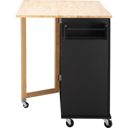 Kitchen Island & Kitchen Cart, Mobile Kitchen Island with Extensible Rubber Wood Table Top, adjustable Shelf Inside Cabinet, 3 Big Drawers, with Spice Rack, Towel Rack, Black-Beech .