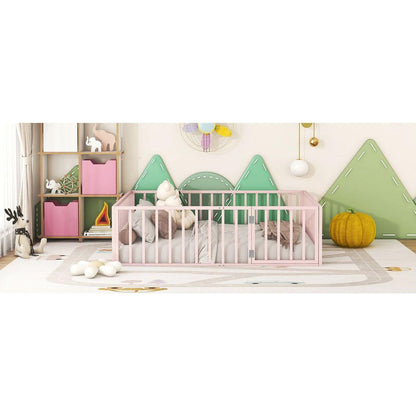 Full Size Metal Floor Bed Frame with Fence and Door, Pink