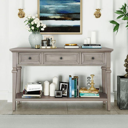 Classic Retro Style Console Table with Three Top Drawers and Open Style Bottom Shelf, Easy Assembly (Gray Wash)