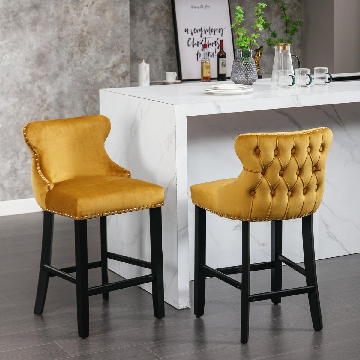 Contemporary Velvet Upholstered Wing-Back Barstools with Button Tufted Decoration and Wooden Legs, and Chrome Nailhead Trim, Leisure Style Bar Chairs, Bar stools, Set of 2 (Gold)