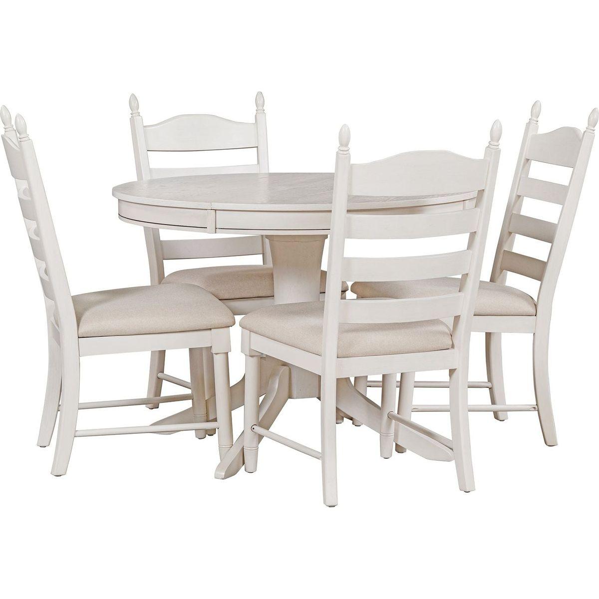 5-Piece Retro Functional Dining Table Set Wood Round Extendable Dining Table and 4 Upholstered Dining Chairs (Antique White) - Streamdale Furniture
