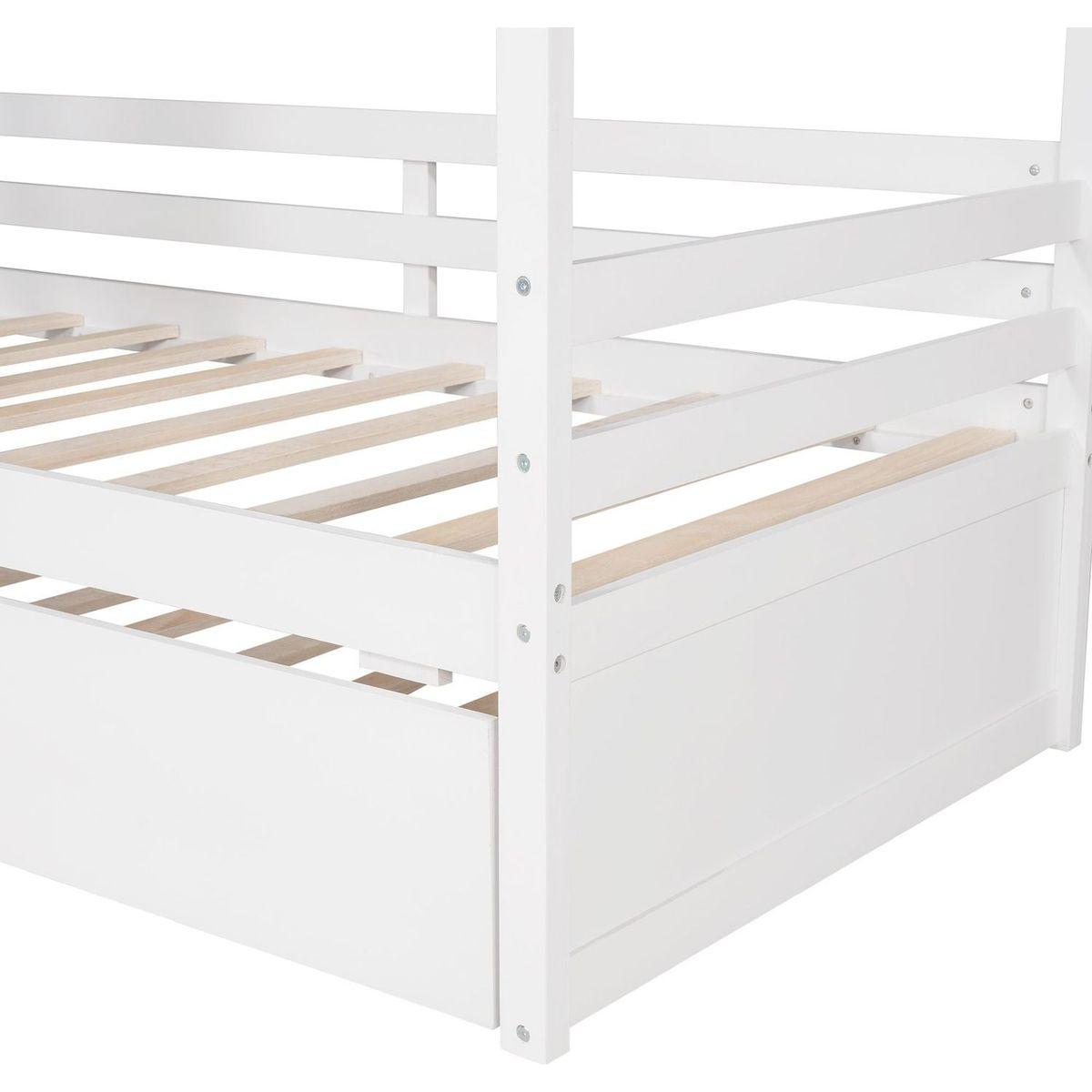 Twin Size House Bed Wood Bed with Twin Size Trundle (White)