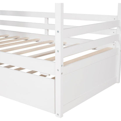 Twin Size House Bed Wood Bed with Twin Size Trundle (White)