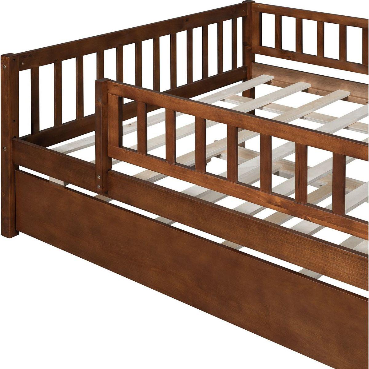 Full Size Wood Daybed with Trundle and Fence Guardrails, Walnut