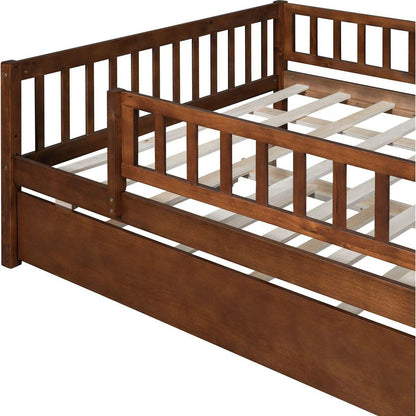 Full Size Wood Daybed with Trundle and Fence Guardrails, Walnut