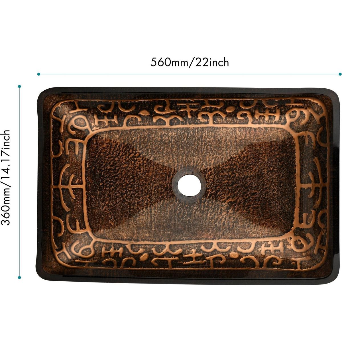 22.25" L -14.5" W -4.5" H Golden Handmade Glass Rectangle Vessel Bathroom Sink in Brown and Gold Fusion Finish with Faucet and Pop-Up Drain in Matte Black